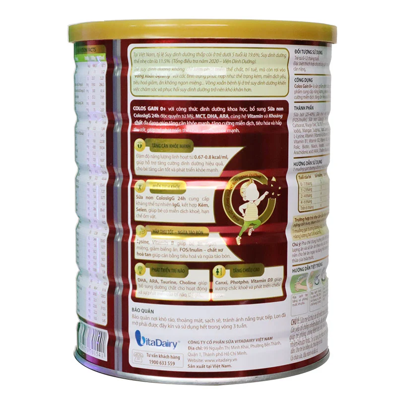 Bảng thành phần sữa Colosgain