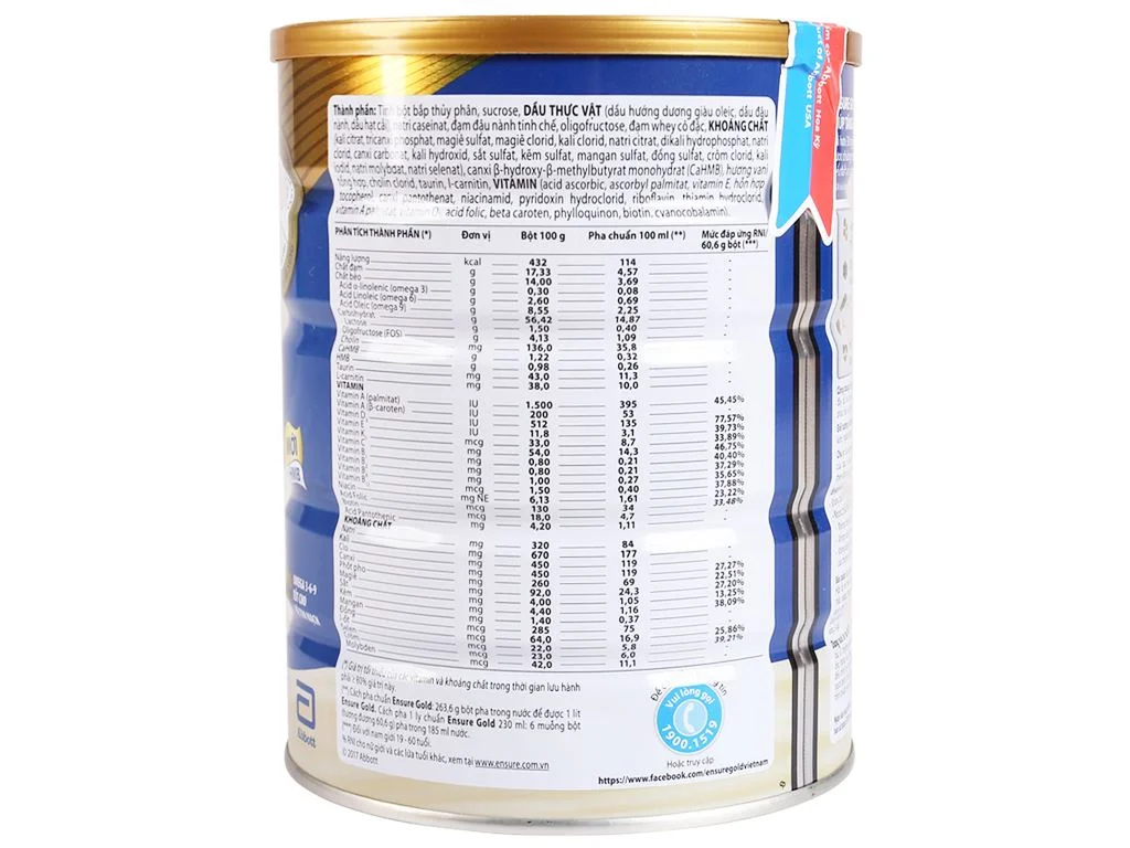 Bảng thành phần dinh dưỡng sữa ensure gold 850g